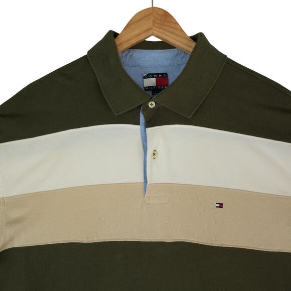Tommy Hilfiger Polo Shirt Mens XL Tall Green White Tan Stripe Y2K Streetwear - Picture 1 of 11